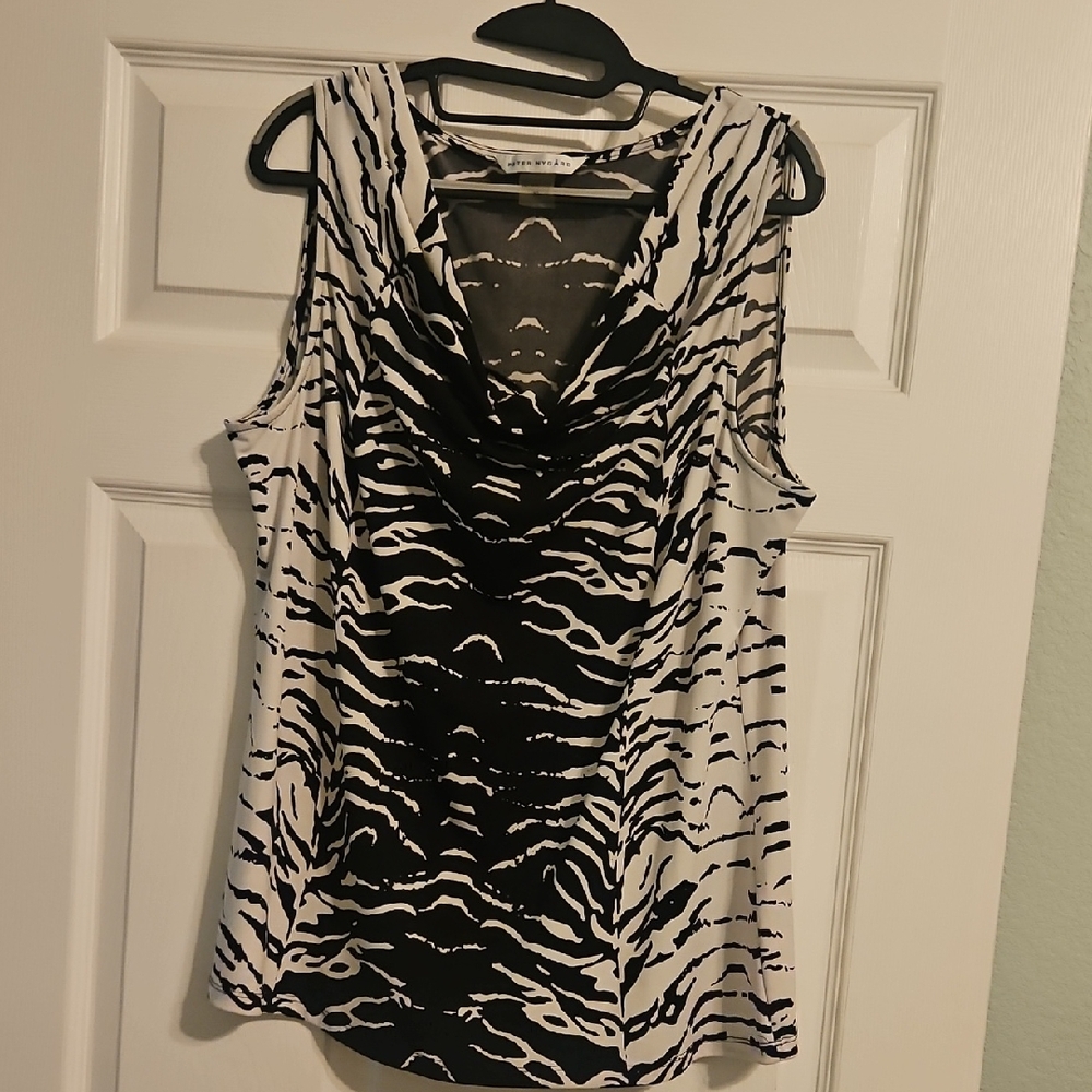Peter Nygard Black and White Animal-Print Sleeveless Cowl Neck Camisole